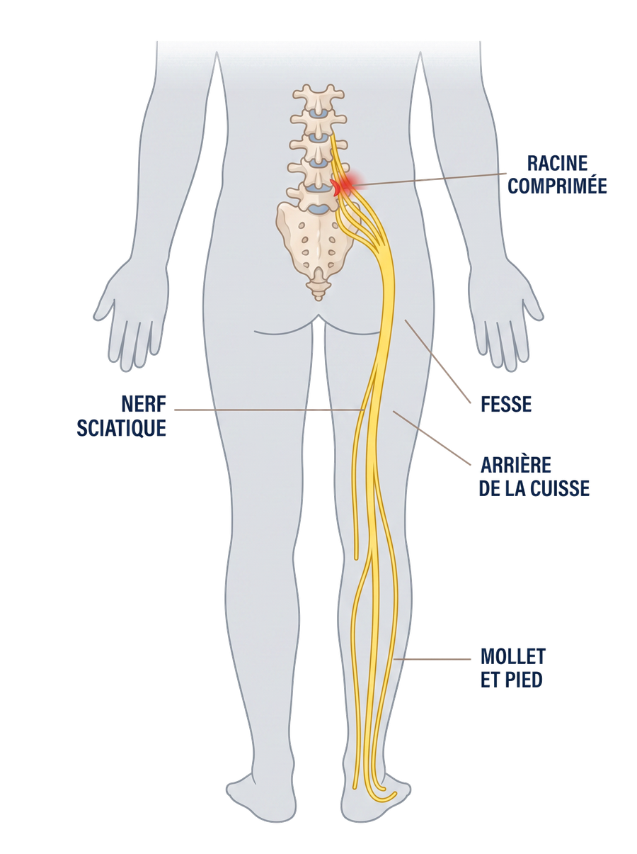 Schéma du trajet du nerf sciatique, vu de dos&nbsp;: de la racine comprimée à la fesse, à l'arrière de la cuisse, au mollet et au pied