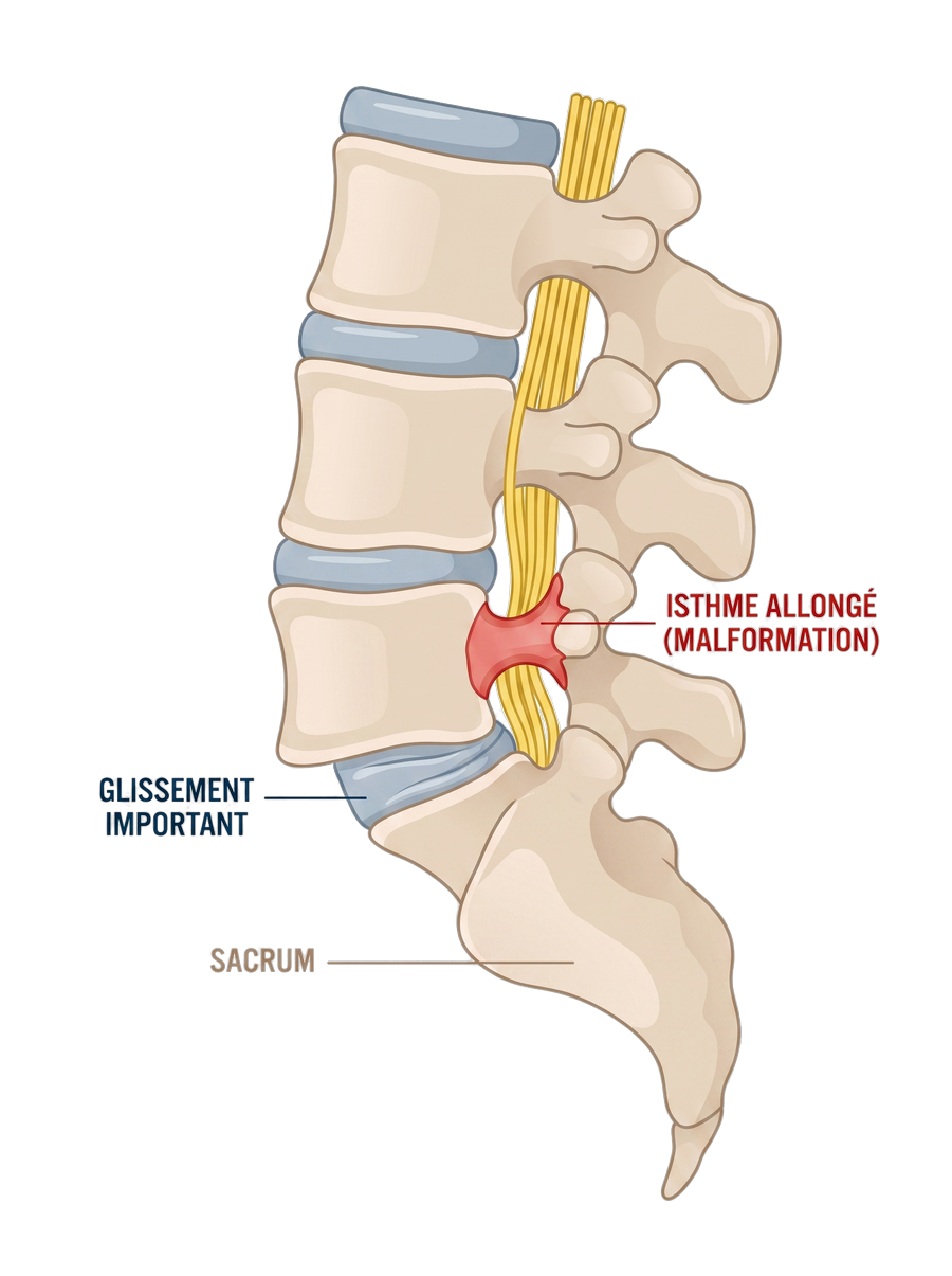 Schéma d'un spondylolisthésis dysplasique&nbsp;: isthme allongé par malformation et glissement important