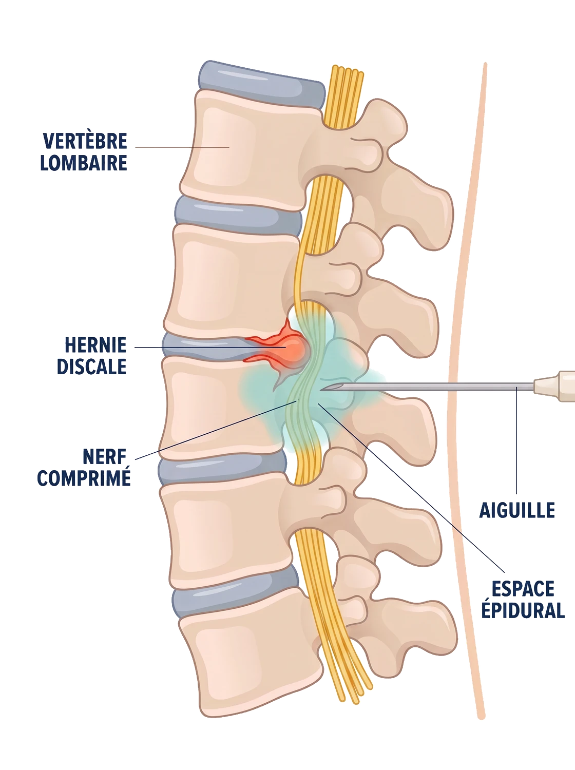 Schéma d'une infiltration épidurale&nbsp;: l'aiguille s'arrête dans l'espace épidural et le médicament diffuse jusqu'au nerf comprimé