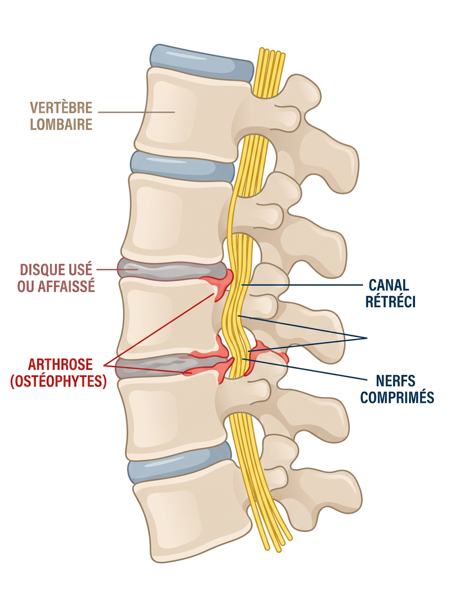 Schéma d'un canal lombaire étroit&nbsp;: l'arthrose et les disques usés rétrécissent le canal et compriment les nerfs