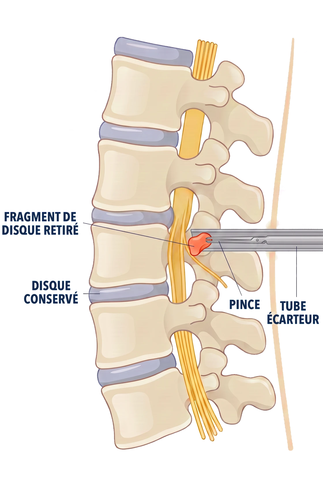 Schéma de la discectomie mini-invasive&nbsp;: le tube écarteur est glissé entre les fibres musculaires jusqu'à la colonne, et une pince retire par ce tube le fragment de disque qui comprimait le nerf&nbsp;; le reste du disque est conservé. Le fragment est en rouge, couleur des compressions d'origine discale