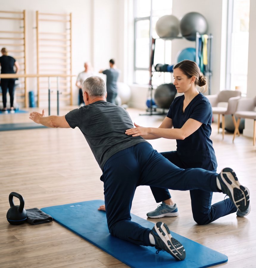 Un patient guidé par un kinésithérapeute lors d'un exercice de rééducation du dos