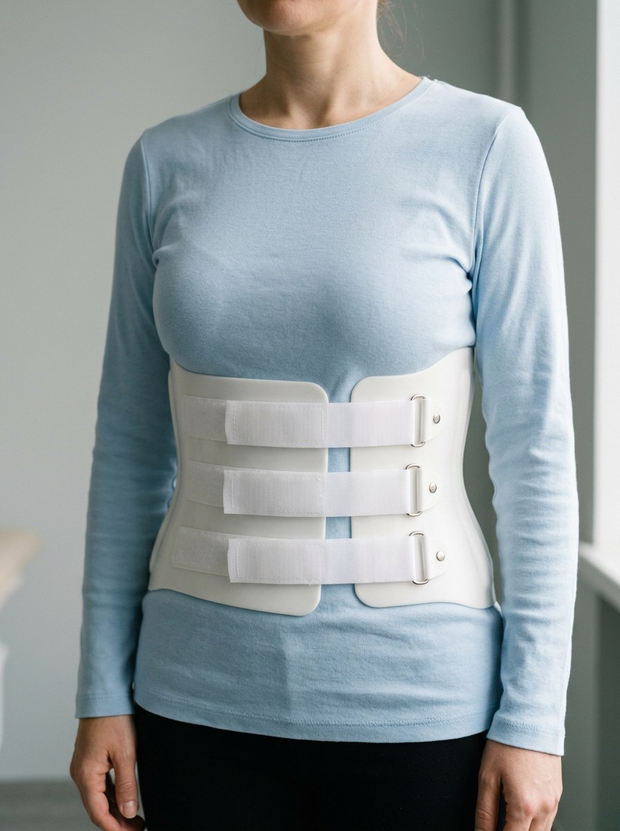 Un corset lombaire rigide avec sangles, porté sur un vêtement clair