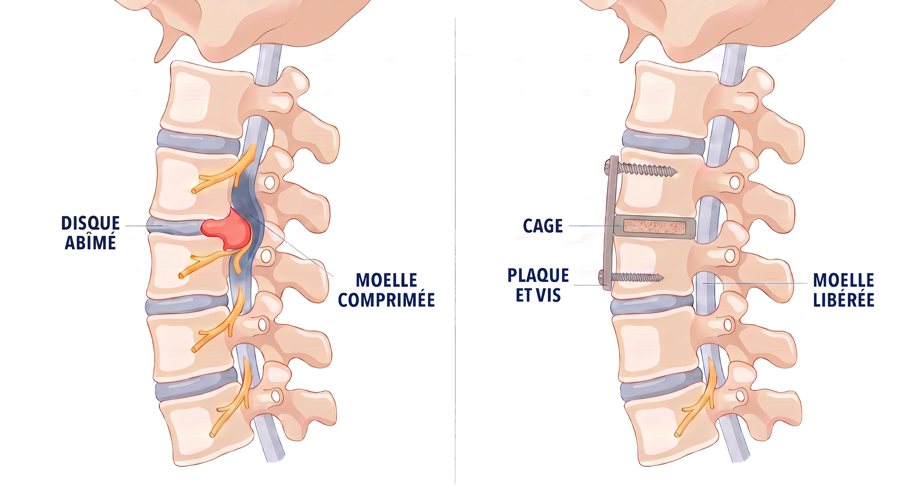 Schéma comparatif&nbsp;: à gauche le disque cervical abîmé qui comprime la moelle épinière, à droite la greffe osseuse et la plaque vissée qui font fusionner les deux vertèbres, moelle libérée
