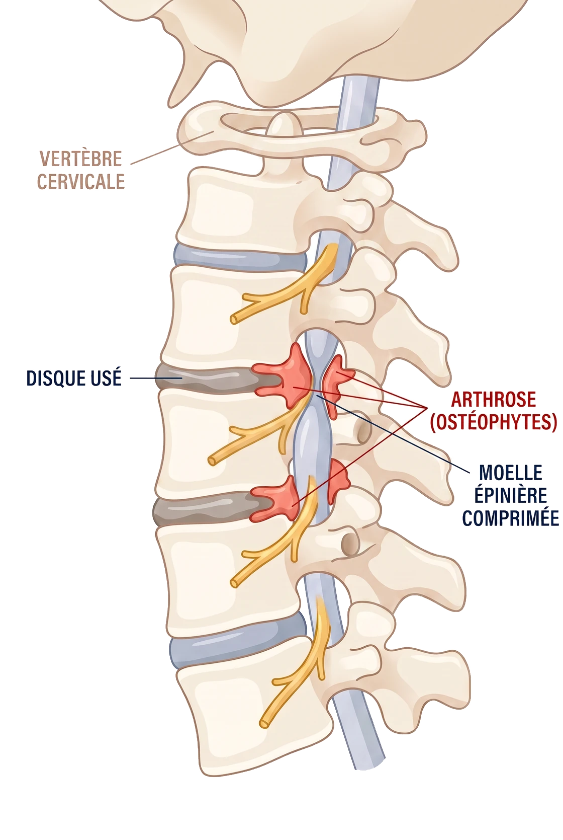 Schéma d'une myélopathie cervicarthrosique&nbsp;: l'arthrose (ostéophytes) comprime la moelle épinière