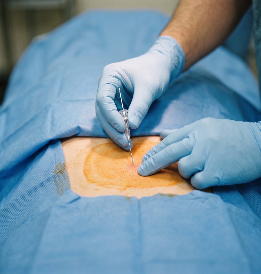Infiltration épidurale : l'aiguille est positionnée au niveau lombaire, sur une peau désinfectée