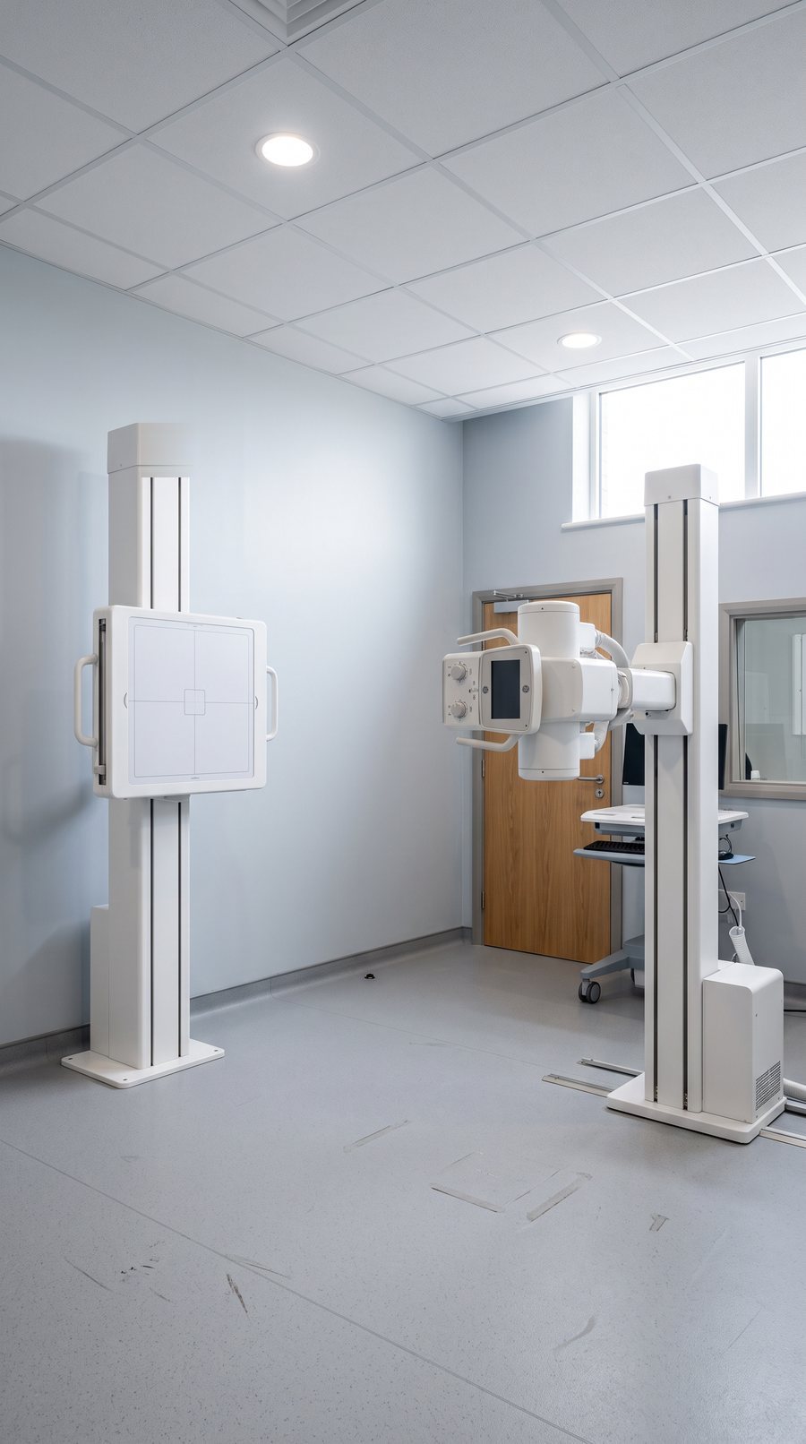 Une salle de radiographie&nbsp;: le statif vertical et le tube à rayons X