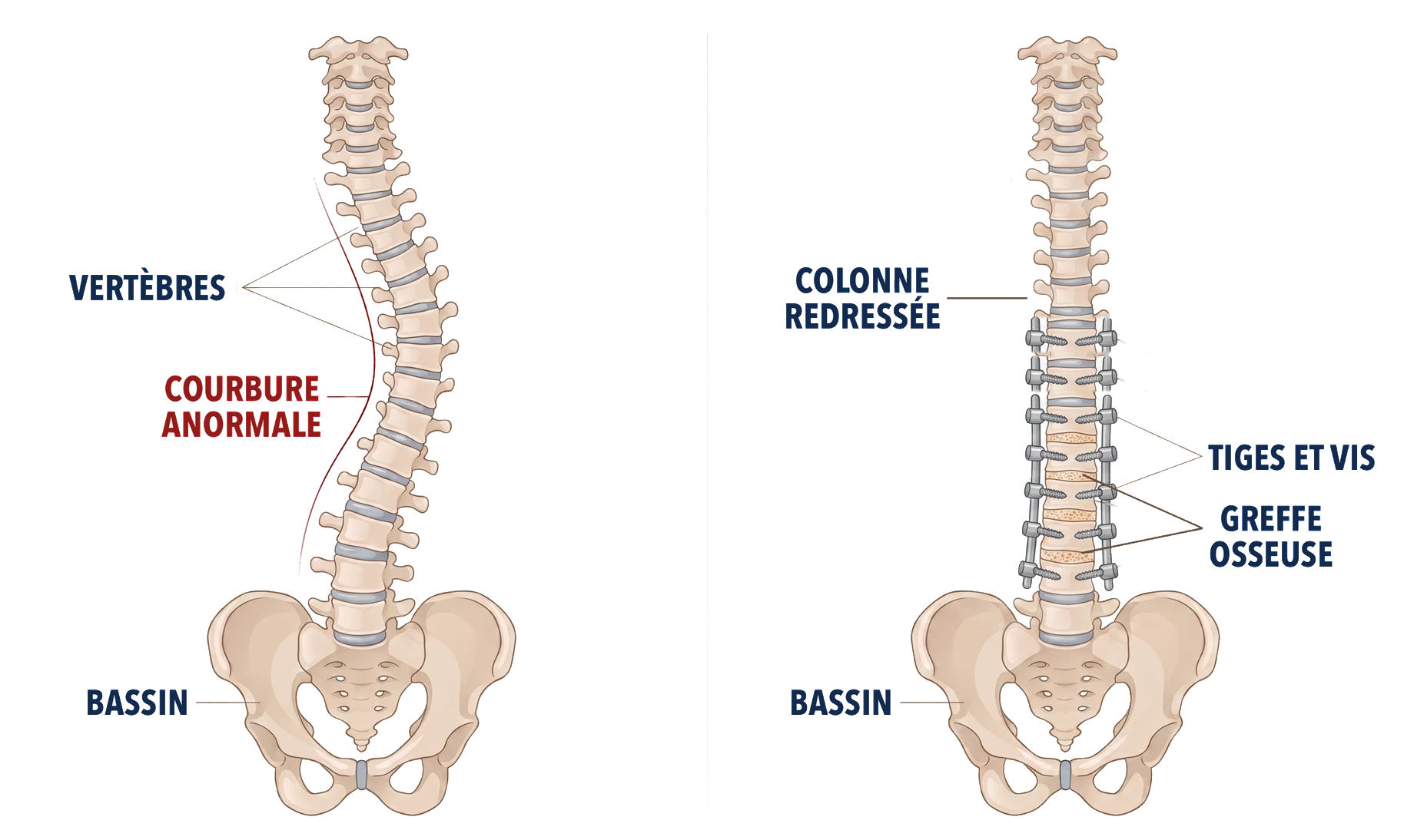 Schéma comparatif, la colonne vue de face&nbsp;: à gauche la courbure anormale de la scoliose, à droite la colonne redressée et maintenue par deux tiges vissées aux vertèbres, avec la greffe osseuse qui les fera fusionner