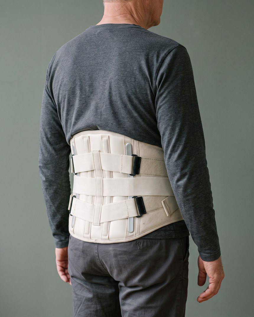 Un homme portant un corset lombaire rigide, vu de dos&nbsp;: la coque, les baleines et les sangles qui ceinturent le bas du dos