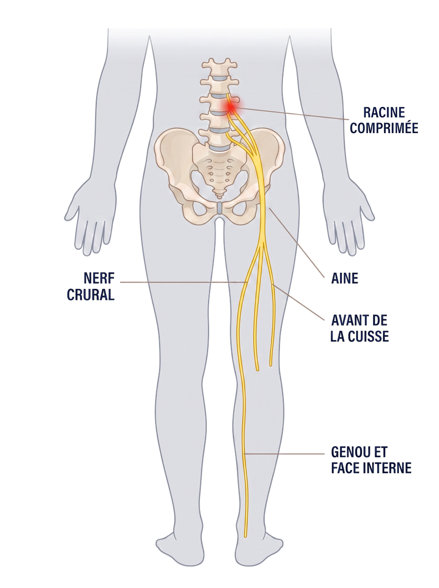 Schéma du trajet du nerf crural, vu de face&nbsp;: de la racine comprimée à l'aine, à l'avant de la cuisse, au genou et à la face interne de la jambe