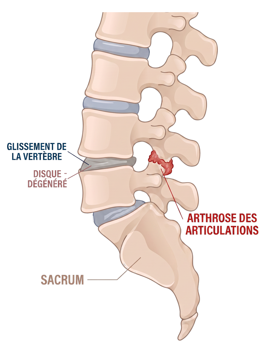 Schéma d'un spondylolisthésis dégénératif&nbsp;: arthrose des articulations postérieures et disque dégénéré
