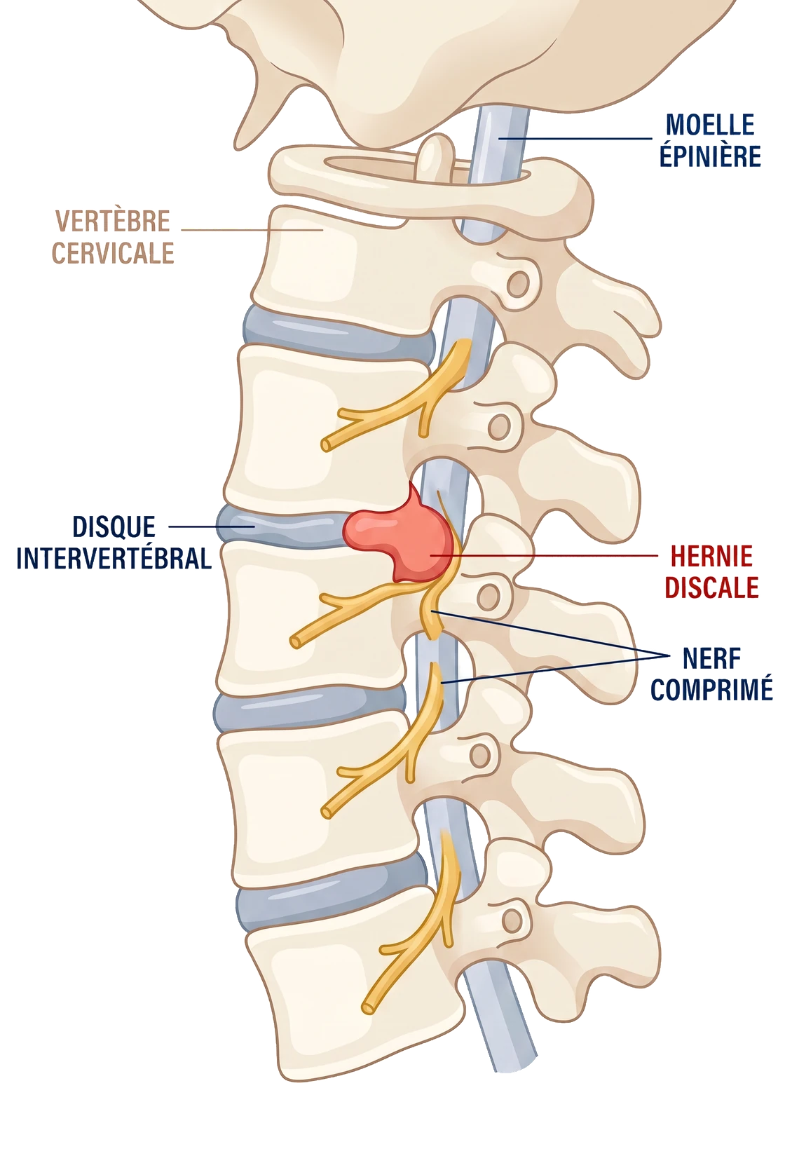 Schéma d'une hernie discale cervicale&nbsp;: le noyau du disque s'échappe et comprime un nerf