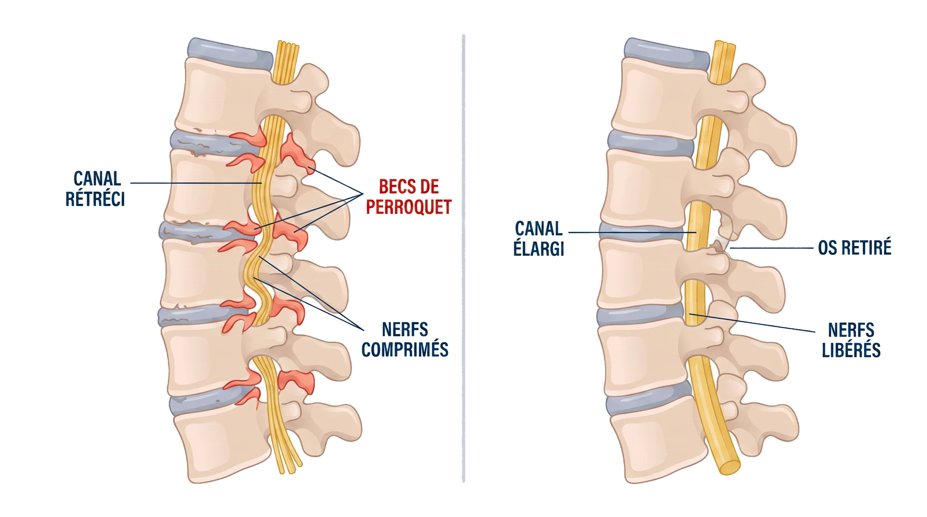 Schéma comparatif&nbsp;: à gauche le canal lombaire rétréci par les becs de perroquet qui compriment les nerfs, à droite le canal élargi après le recalibrage et les nerfs libérés