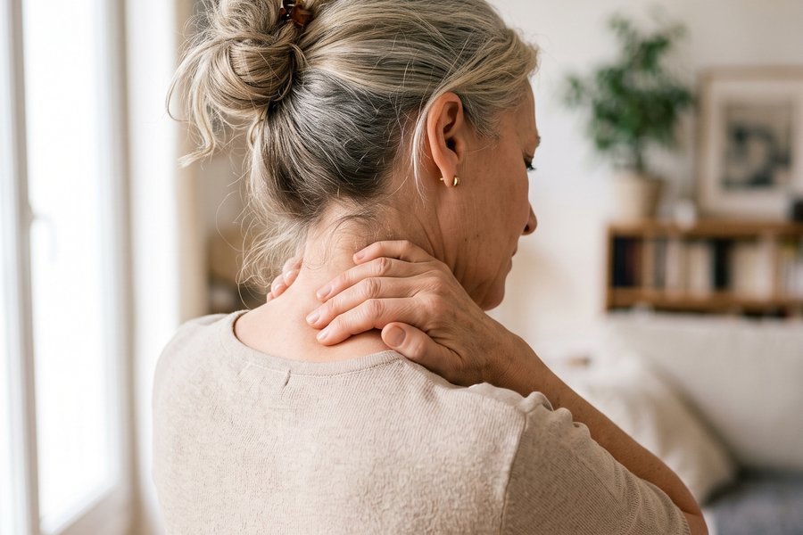 Une femme se tient la nuque, gênée par une douleur cervicale