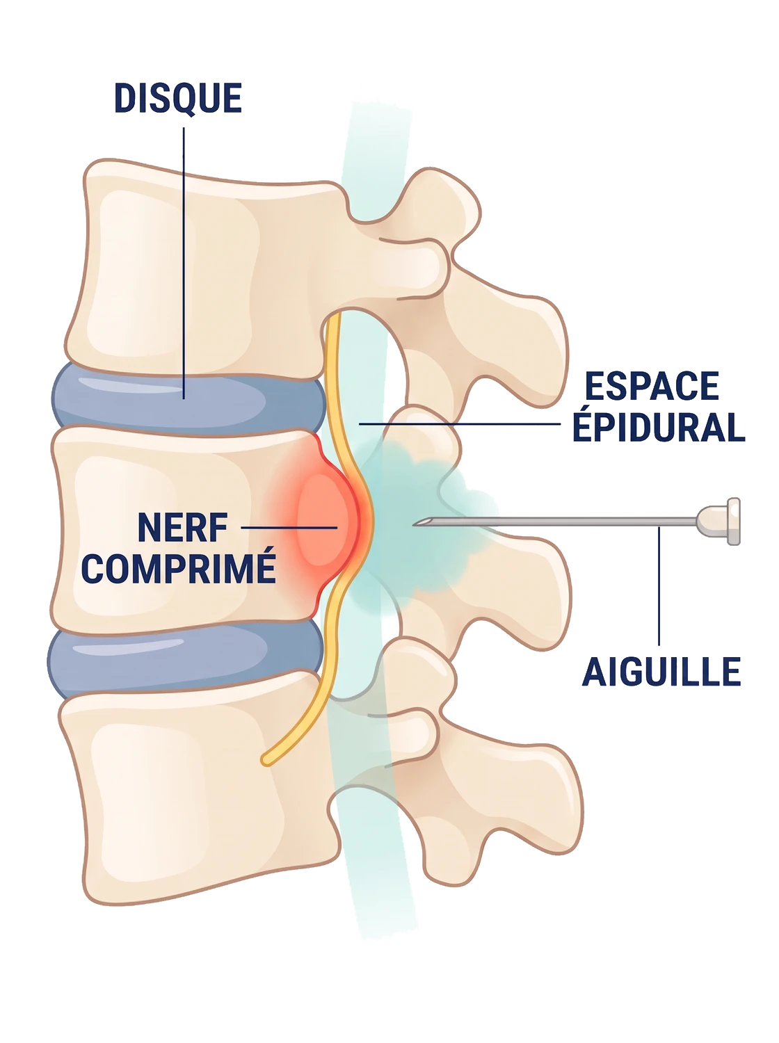 Schéma d'une infiltration épidurale&nbsp;: l'aiguille s'arrête dans l'espace épidural et le médicament diffuse jusqu'au nerf comprimé