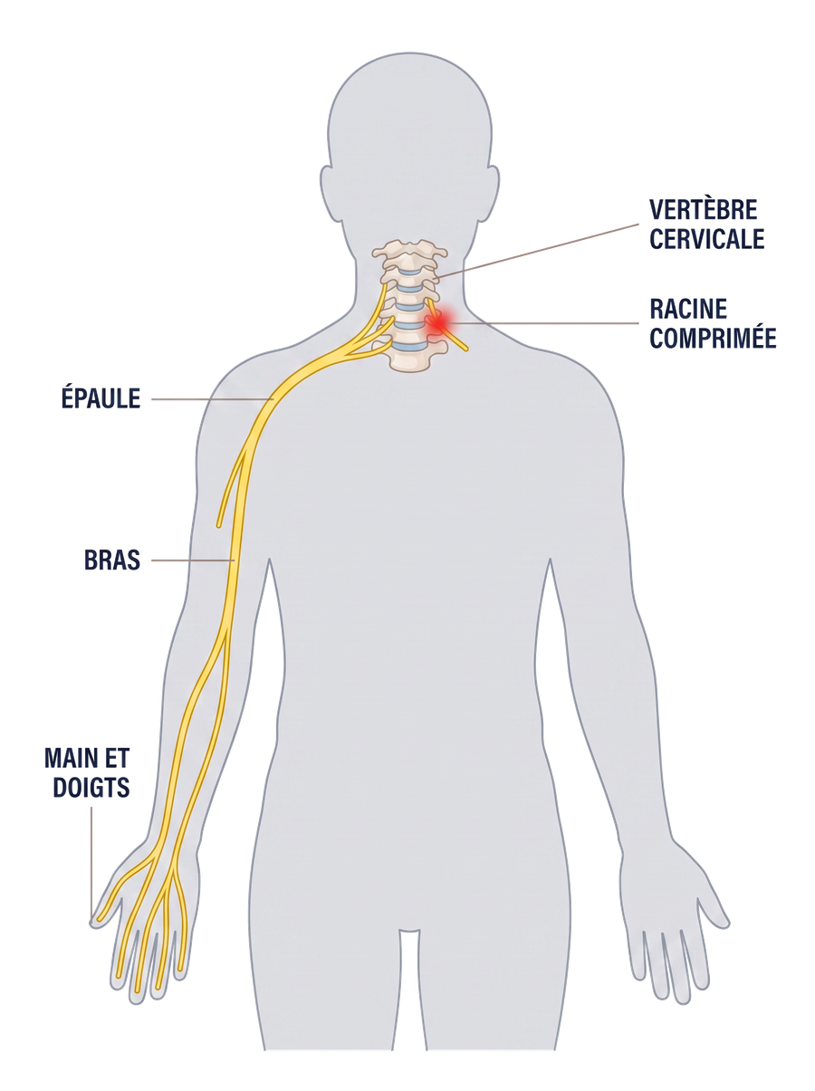 Schéma de la névralgie cervico-brachiale&nbsp;: une racine nerveuse comprimée à la sortie de la colonne cervicale, et le trajet de la douleur vers l'épaule, le bras et la main
